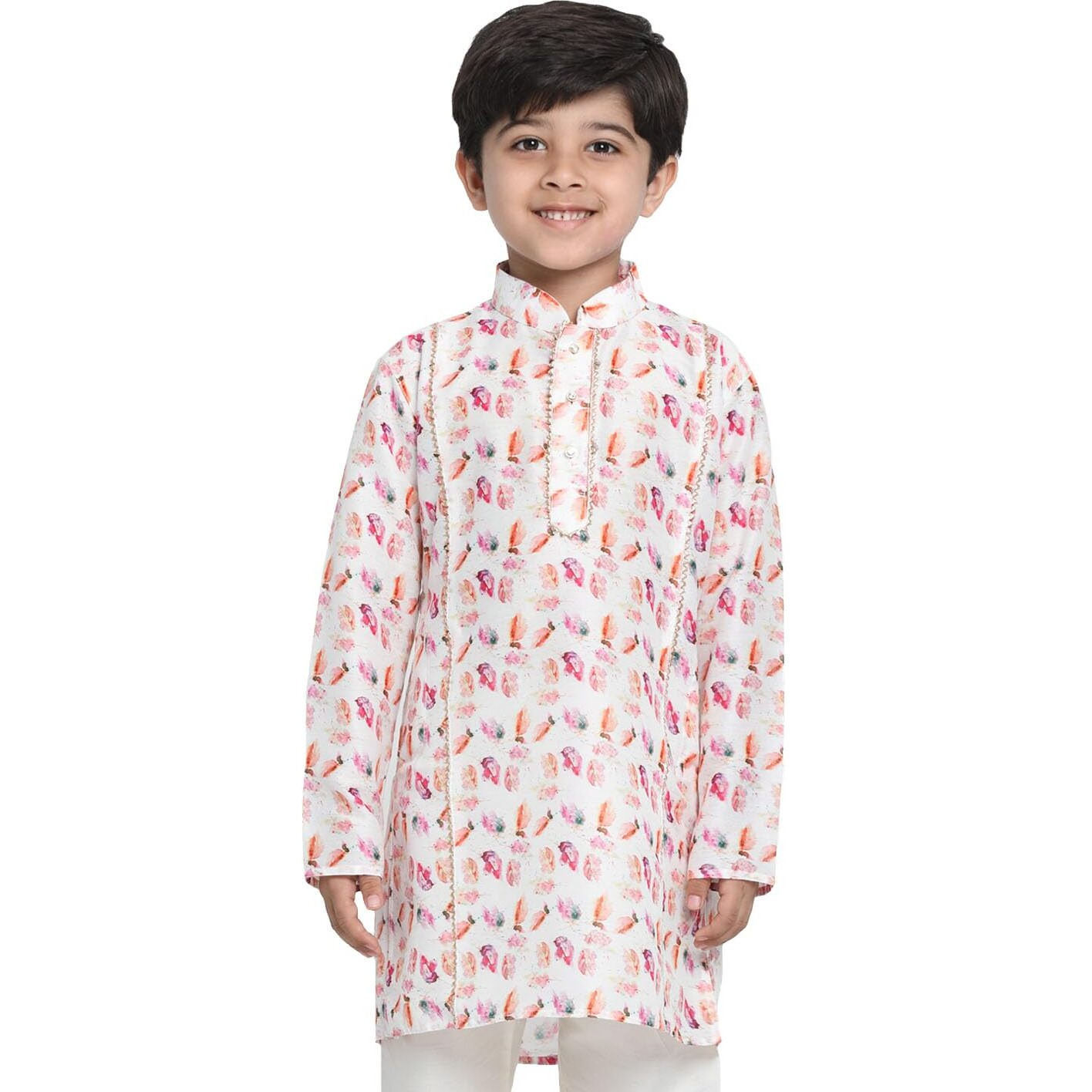 VASTRAMAY Boys' Multicolored-Base-White Kurta || Floral Petal Print Kurta with Princess Line Detailing and Embellished Borders || Elegant for Holi & EID Celebration_VASBK089WH_24