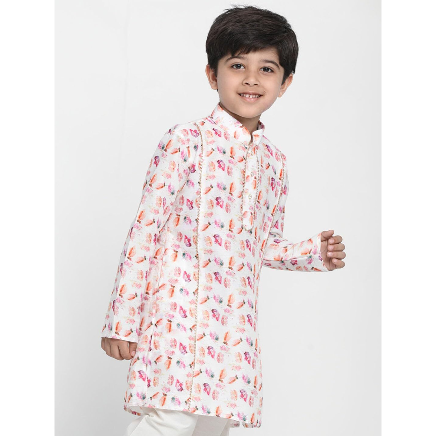 VASTRAMAY Boys' Multicolored-Base-White Kurta || Floral Petal Print Kurta with Princess Line Detailing and Embellished Borders || Elegant for Holi & EID Celebration_VASBK089WH_24