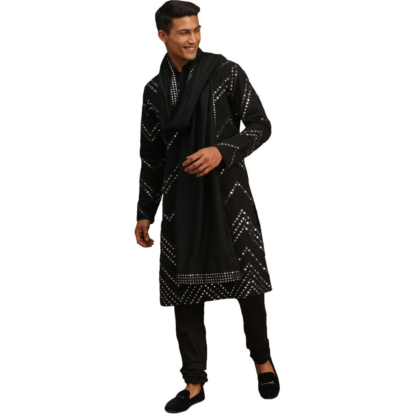 VASTRAMAY Men's Black Georgette Kurta and Pyjama Set | Mirror work Black Georgette Kurta With Pyjama and Dupatta