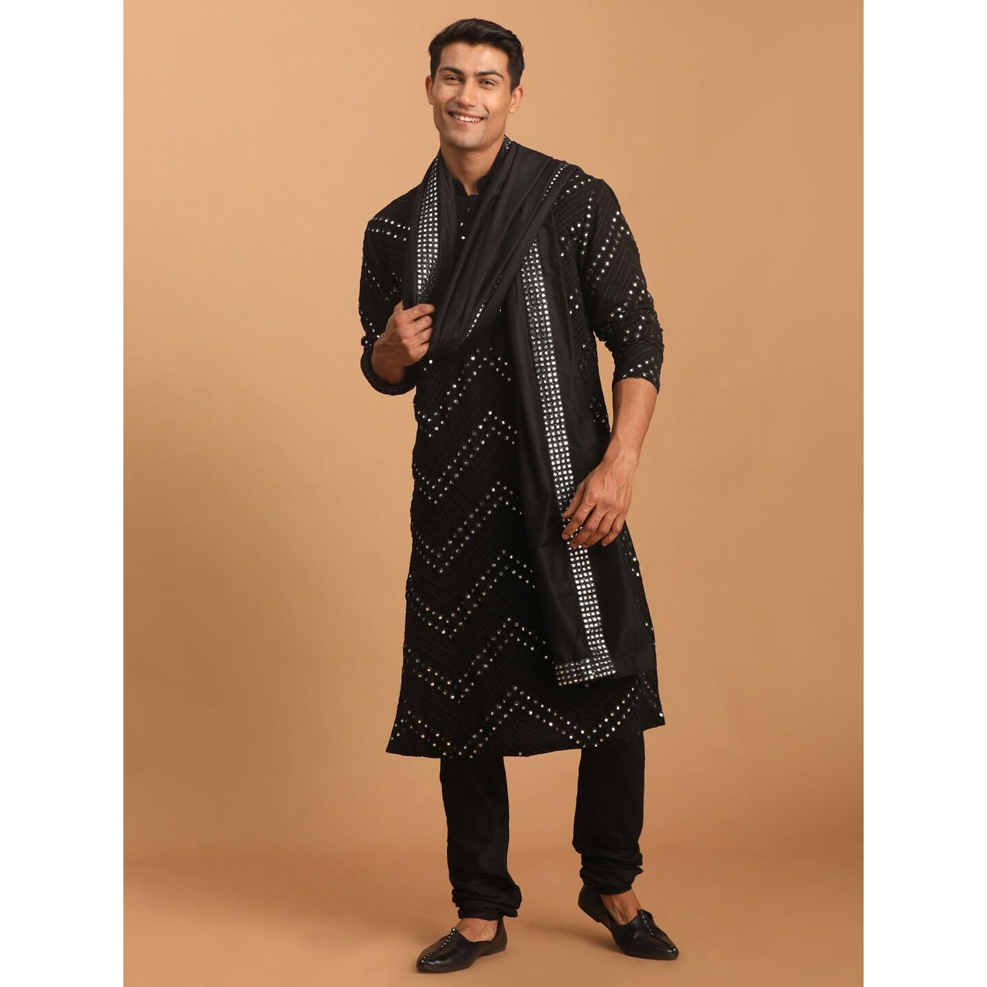 VASTRAMAY Men's Black Georgette Kurta and Pyjama Set | Mirror work Black Georgette Kurta With Pyjama and Dupatta