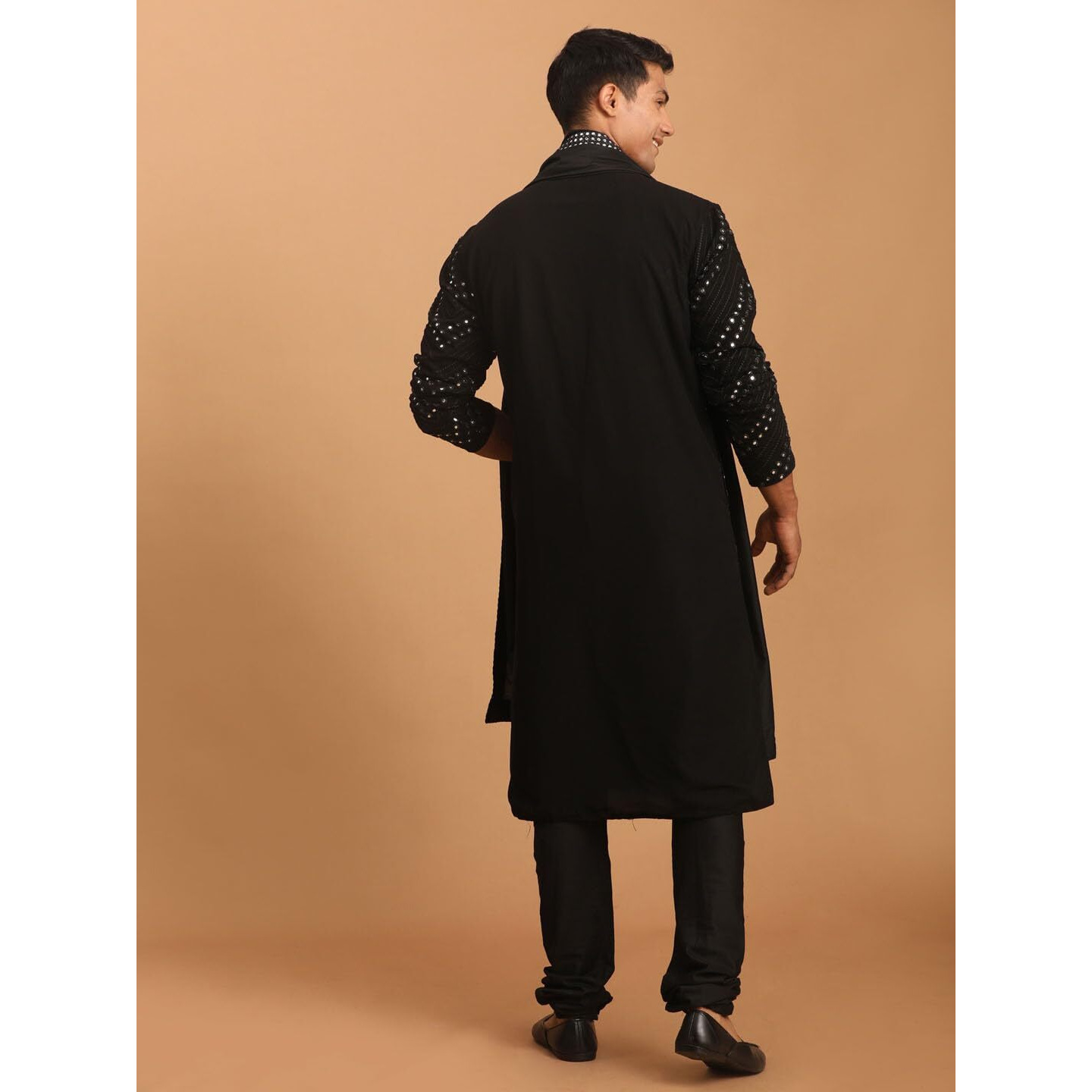 VASTRAMAY Men's Black Georgette Kurta and Pyjama Set | Mirror work Black Georgette Kurta With Pyjama and Dupatta