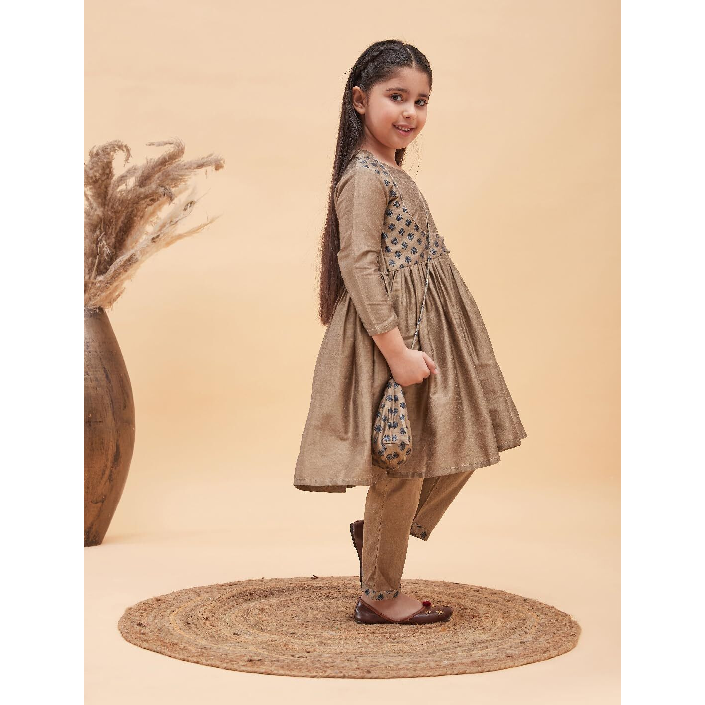 VASTRAMAY Girls' Handcrafted Anarkali Suit Set  Knee-Length Kurta with Stand Collar, Straight Pant & Potli Bag