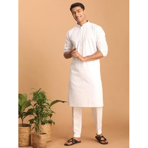 VASTRAMAY Men's White Cotton Blend Kurta Pyjama Set || Embroidered Placket Cotton Kurta For Men With Pant Style Pyjama || Elegant For Holi & EID Celebration_VASMK194WHnPANT004WH_42
