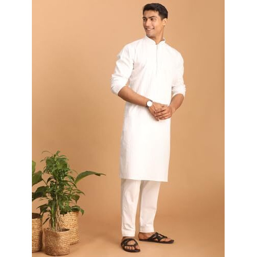 VASTRAMAY Men's White Cotton Blend Kurta Pyjama Set || Embroidered Placket Cotton Kurta For Men With Pant Style Pyjama || Elegant For Holi & EID Celebration_VASMK194WHnPANT004WH_42