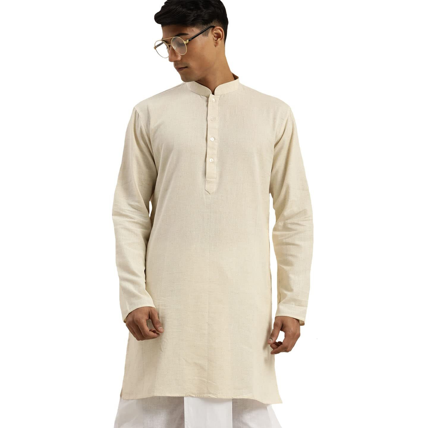 VASTRAMAY Men's Cream & White Cotton Short Kurta for Casual VASMMK005CR_36