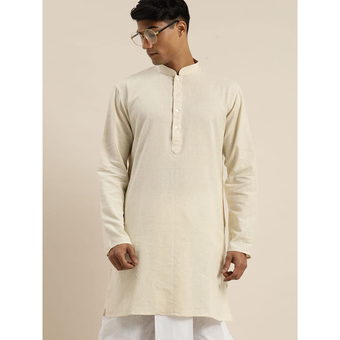 VASTRAMAY Men's Cream & White Cotton Short Kurta for Casual VASMMK005CR_36