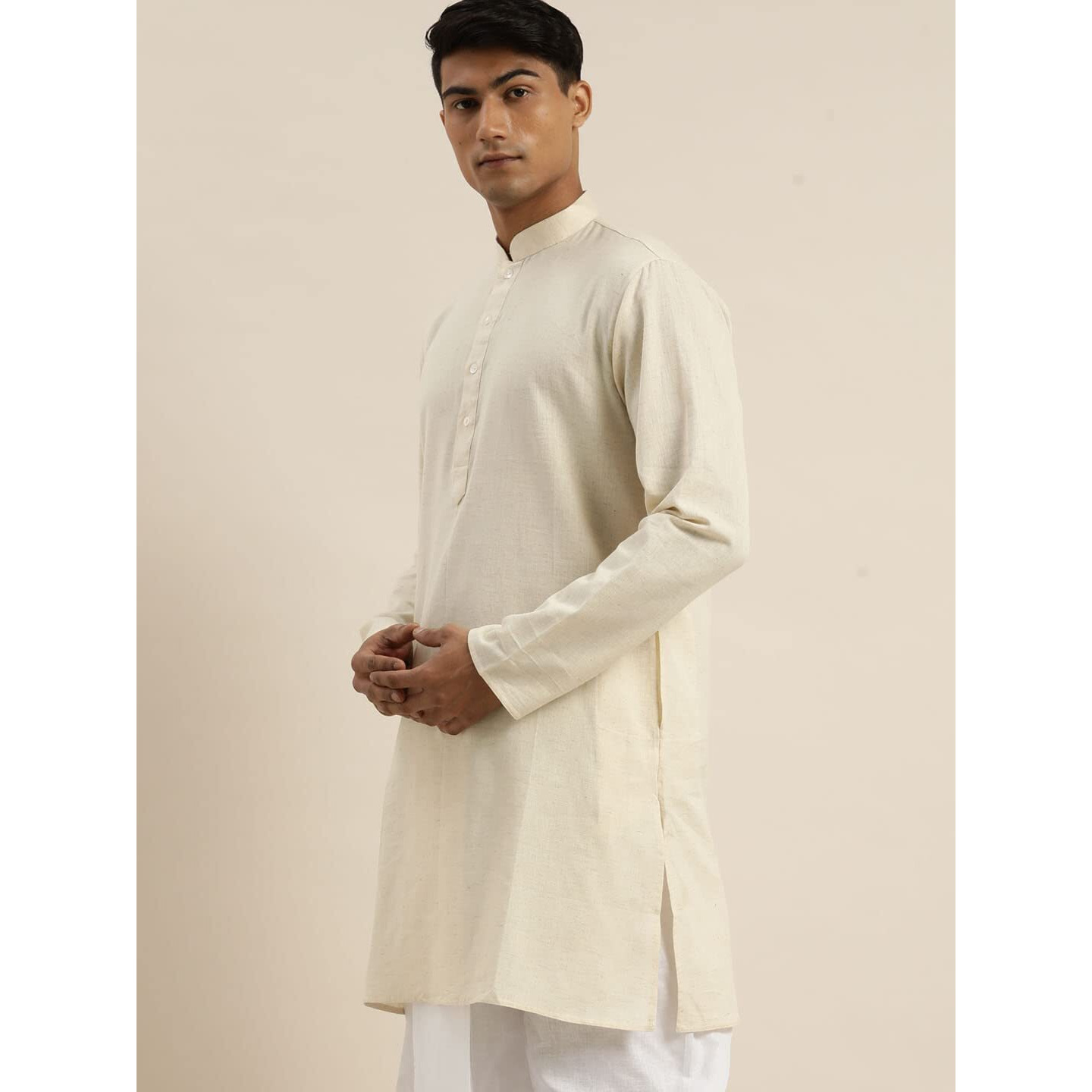 VASTRAMAY Men's Cream & White Cotton Short Kurta for Casual VASMMK005CR_36
