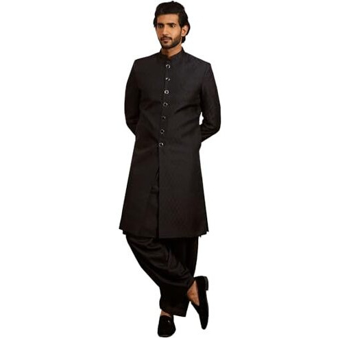 VASTRAMAY Men's Black Silk Blend Sherwani,Kurta And Patiala Set - Silk Blend Jacquard Sherwani,And Patiala Set for Men.