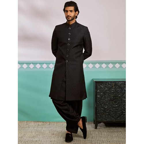VASTRAMAY Men's Black Silk Blend Sherwani,Kurta And Patiala Set - Silk Blend Jacquard Sherwani,And Patiala Set for Men.