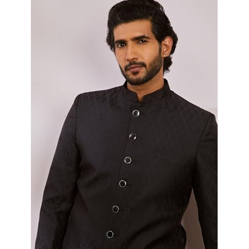 VASTRAMAY Men's Black Silk Blend Sherwani,Kurta And Patiala Set - Silk Blend Jacquard Sherwani,And Patiala Set for Men.