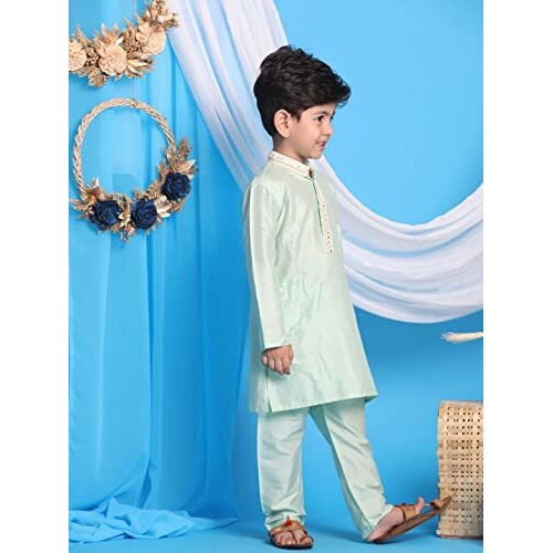 VASTRAMAY Boys' Mint Green Kurta And Pyjama | Viscose Fabric Green Mirror Work Border Kurta And Pyjama Set for Navratri, Diwali & Festive Celebrations - Stylish and Comfortable Indian Outfit for Kids