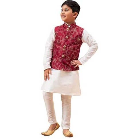 VASTRAMAY Boys' Maroon And White Jacket, Kurta and Pyjama Set_JBNBJ016MAnBKWH001nPDWH_20