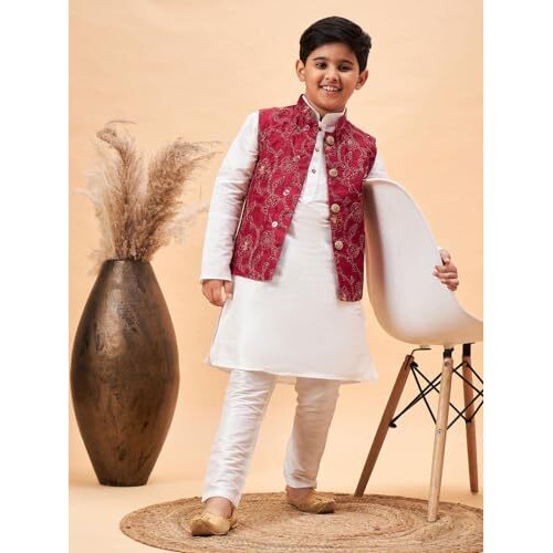 VASTRAMAY Boys' Maroon And White Jacket, Kurta and Pyjama Set_JBNBJ016MAnBKWH001nPDWH_20