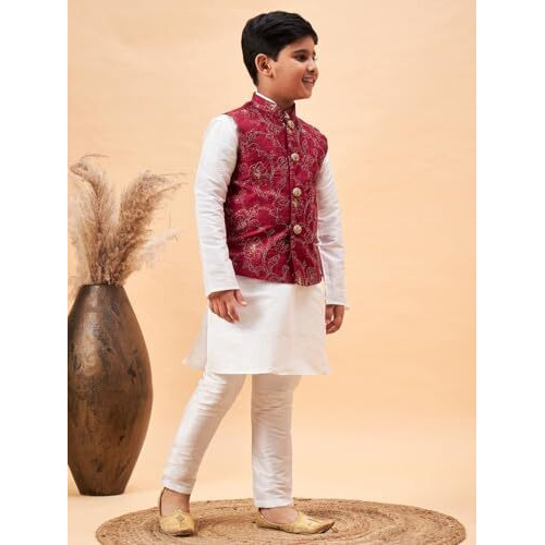 VASTRAMAY Boys' Maroon And White Jacket, Kurta and Pyjama Set_JBNBJ016MAnBKWH001nPDWH_20