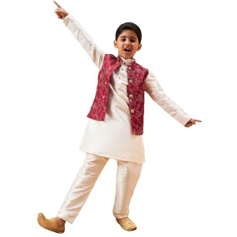 VASTRAMAY Boys' Maroon And Cream Jacket, Kurta and Pyjama Set_JBNBJ016MAnBKCR001nPCR_36