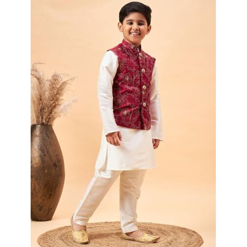 VASTRAMAY Boys' Maroon And Cream Jacket, Kurta and Pyjama Set_JBNBJ016MAnBKCR001nPCR_36
