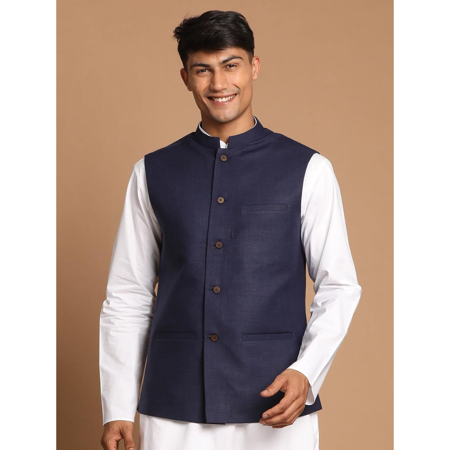 VASTRAMAY Men's Blue And White Cotton Nehru Jacket_VASMJ061NB_40