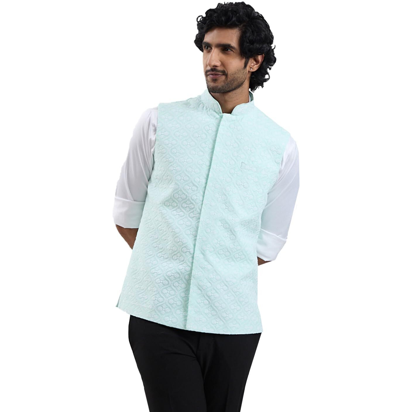 VASTRAMAY Men's Cotton Nehru Jacket I Allover Printed Jacket Regular Nehru Jacket I Fastive Party Wedding Neharu Jackets_VASMJ381GN_42
