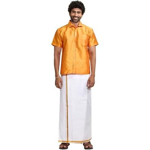 VASTRAMAY Men's Saffron Silk Blend Shirt with 3-Meter Dhoti (Mundu) and Golden Border  South Indian Ethnic Wear for Festival and Weddings