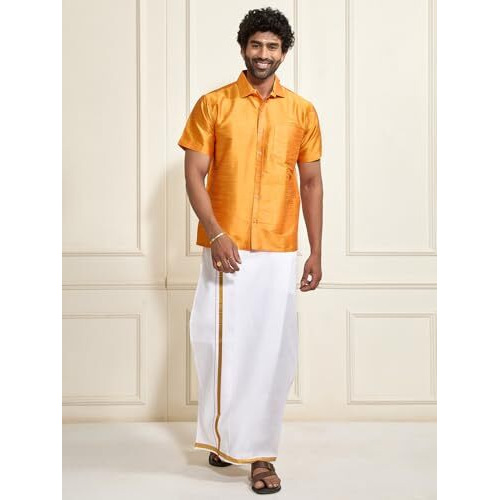 VASTRAMAY Men's Saffron Silk Blend Shirt with 3-Meter Dhoti (Mundu) and Golden Border  South Indian Ethnic Wear for Festival and Weddings