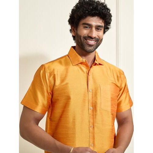 VASTRAMAY Men's Saffron Silk Blend Shirt with 3-Meter Dhoti (Mundu) and Golden Border  South Indian Ethnic Wear for Festival and Weddings