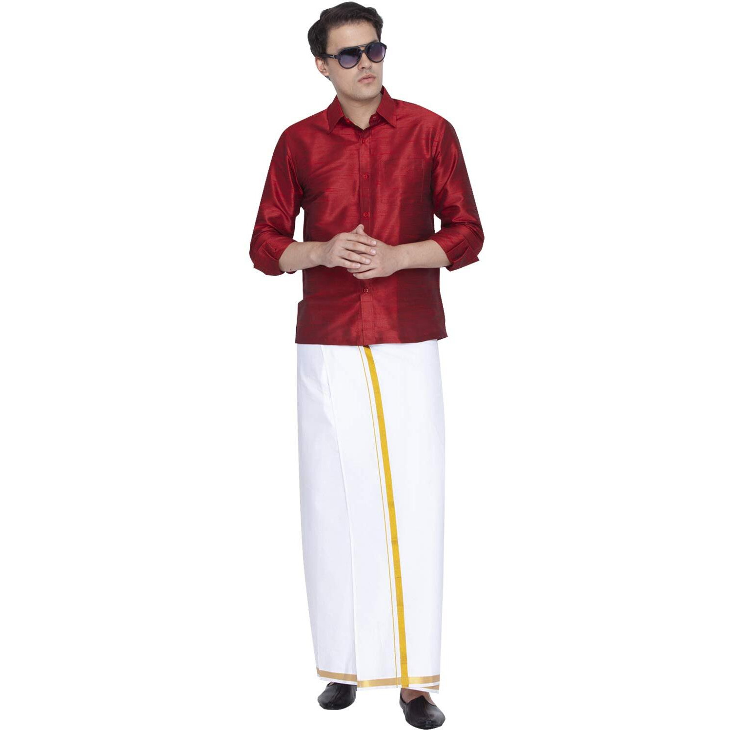 VASTRAMAY Men Maroon Cotton Silk Shirt and Dhoti Set (VASMSH002MAnMU1_38)