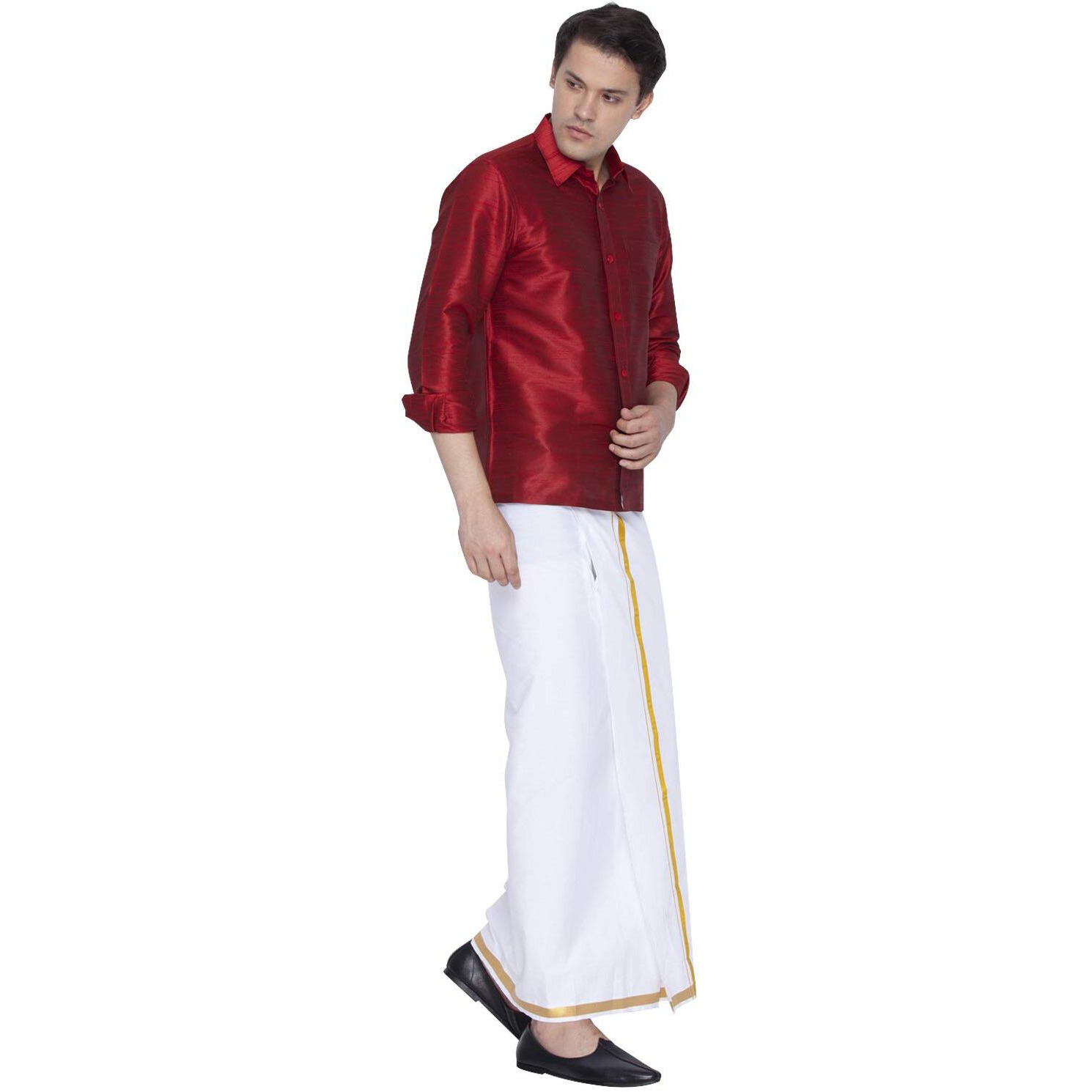VASTRAMAY Men Maroon Cotton Silk Shirt and Dhoti Set (VASMSH002MAnMU1_38)