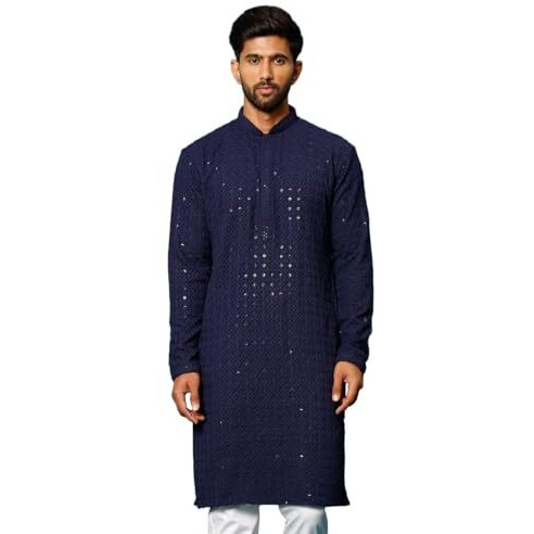 VASTRAMAY Men's Navy Blue Rayon Cotton Kurta, This Luxury Traditional Indian Schiffli Embroidery Work for Weddings & Festivals, Traditional Indian Wear