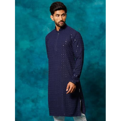 VASTRAMAY Men's Navy Blue Rayon Cotton Kurta, This Luxury Traditional Indian Schiffli Embroidery Work for Weddings & Festivals, Traditional Indian Wear