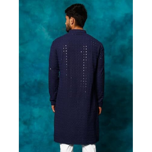 VASTRAMAY Men's Navy Blue Rayon Cotton Kurta, This Luxury Traditional Indian Schiffli Embroidery Work for Weddings & Festivals, Traditional Indian Wear