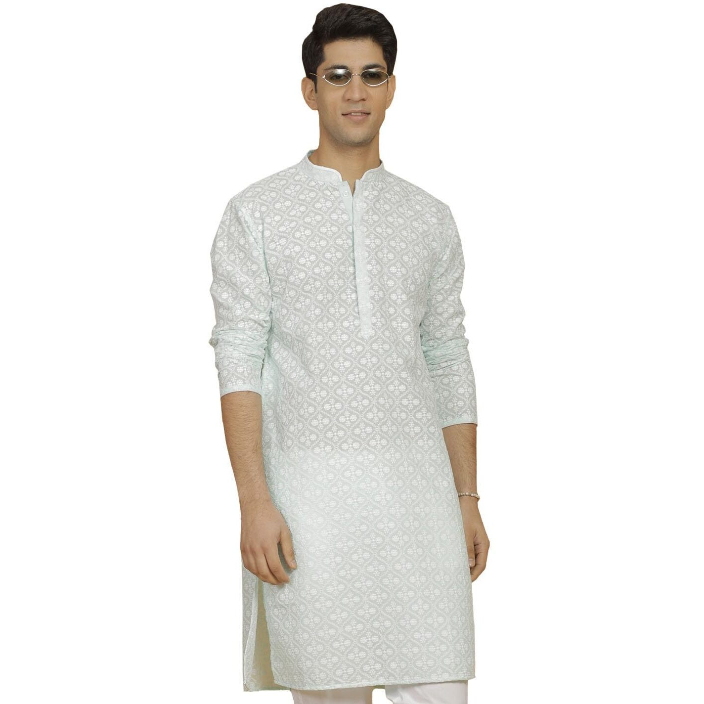 VASTRAMAY Men's Green Cotton Kurta I Allover Chikan Embroidery Knee Length Regular Straight Kurta I Fastive Party Wedding Traditions Kurta_VASMK381GN_36