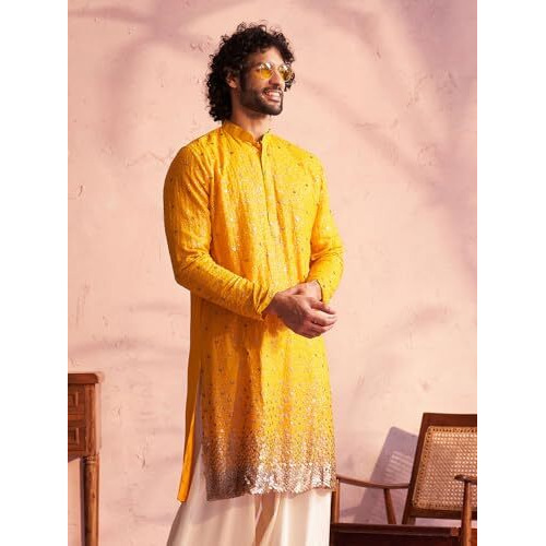 VASTRAMAY Men's Yellow Georgette Kurta_VSHRMK229YW_38
