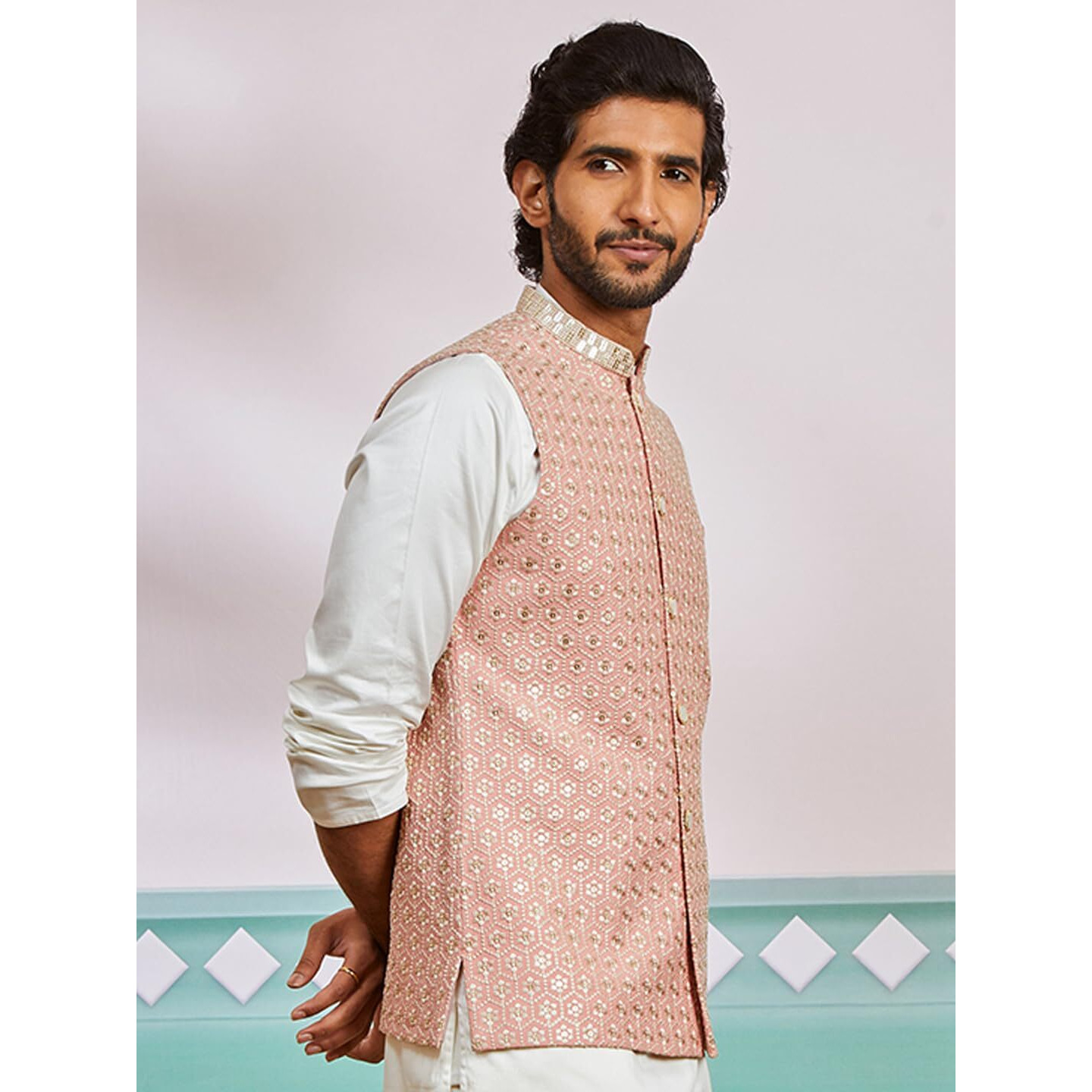 VASTRAMAY Men's Peach - Nehru Jacket - This men's embroidered Nehru jacket,perfect blend of elegance and tradition.