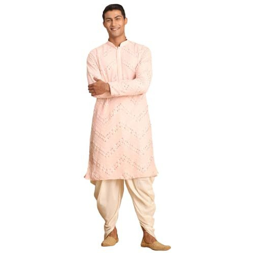 VASTRAMAY Men's Pink And Cream Georgette Kurta and Dhoti Pant Set | Mirror work Georgette Kurta With Dhoti Pant