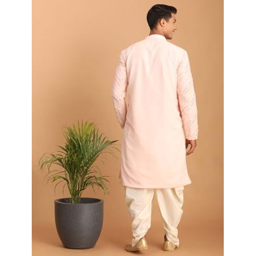 VASTRAMAY Men's Pink And Cream Georgette Kurta and Dhoti Pant Set | Mirror work Georgette Kurta With Dhoti Pant