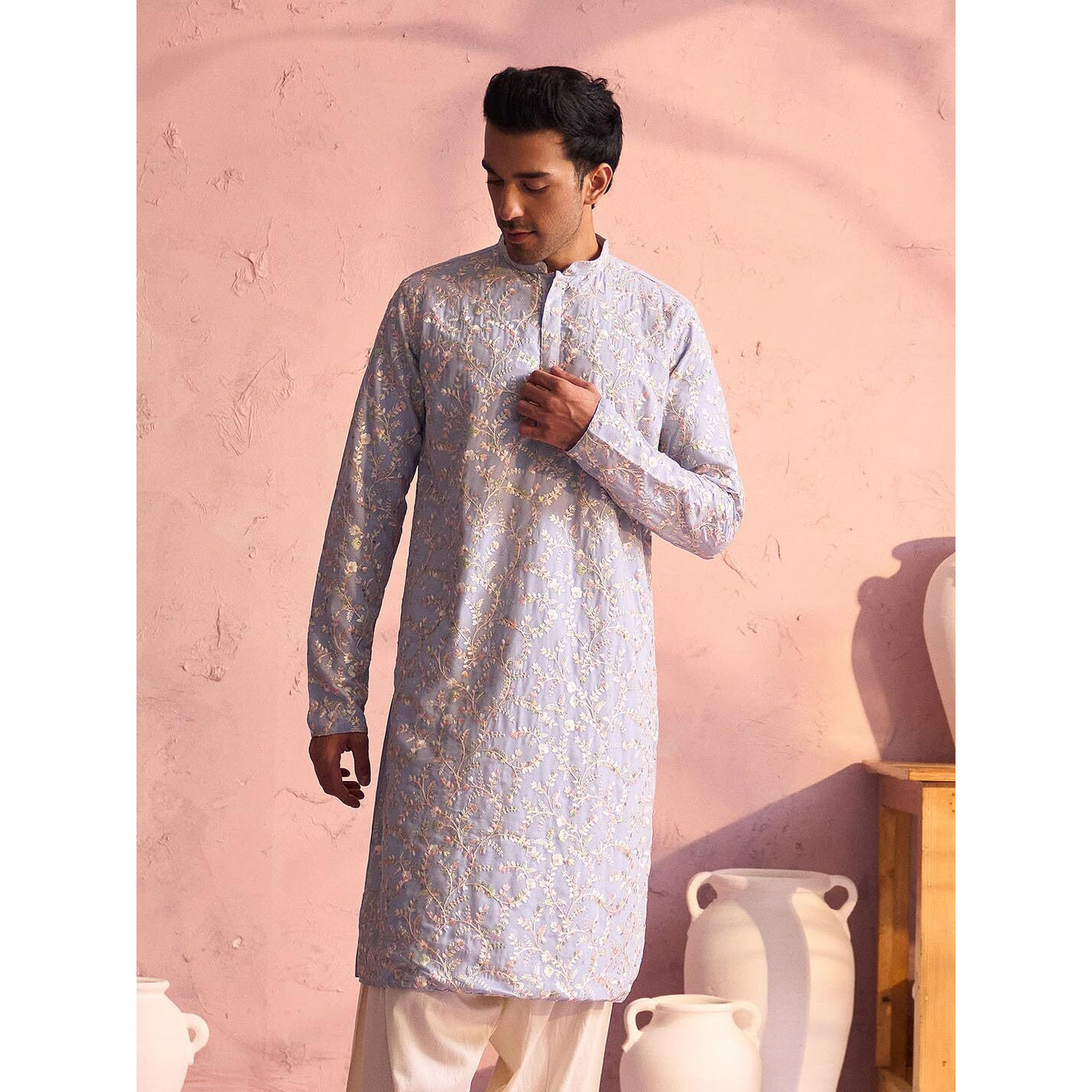 VASTRAMAY Men's Pastel Blue Georgette Kurta_VSHRMK232HW_38