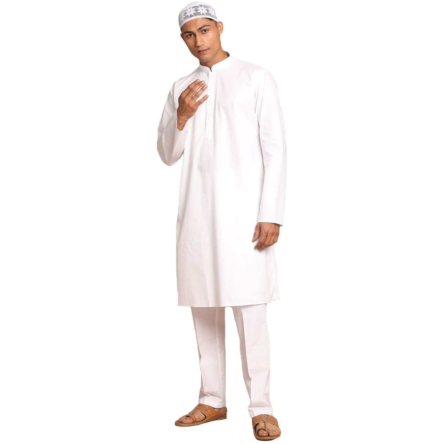 VASTRAMAY Mens White Cotton Kurta Pyjama Set with Muslim Cap  Ethnic Wear for Festive & Special Occasion