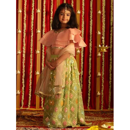 VASTRAMAY Girls' Pink And Mint Green Lehenga Set_VTWGLC042MG_34L