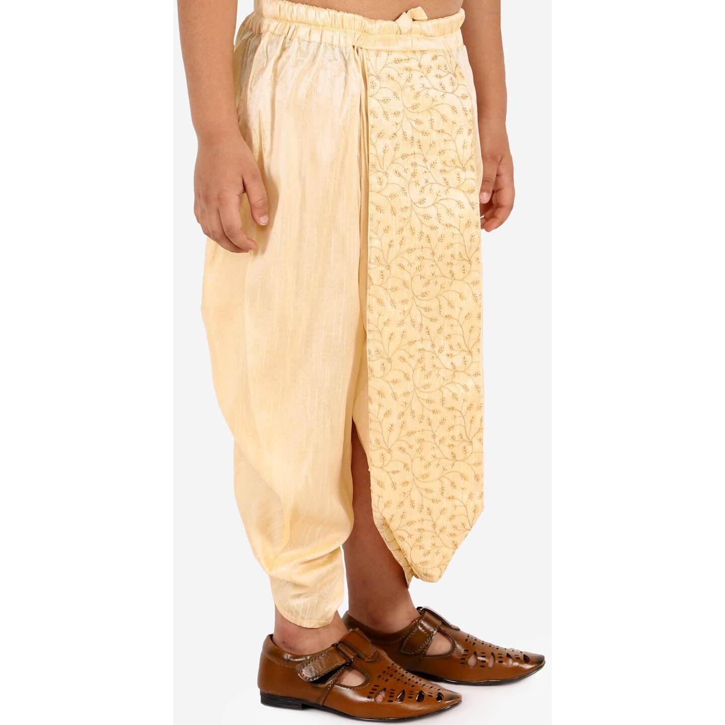 VASTRAMAY Boys' Traditional Golden Dhoti - Ready-to-Wear Embroidered Silk Blend with Elasticated Waistband