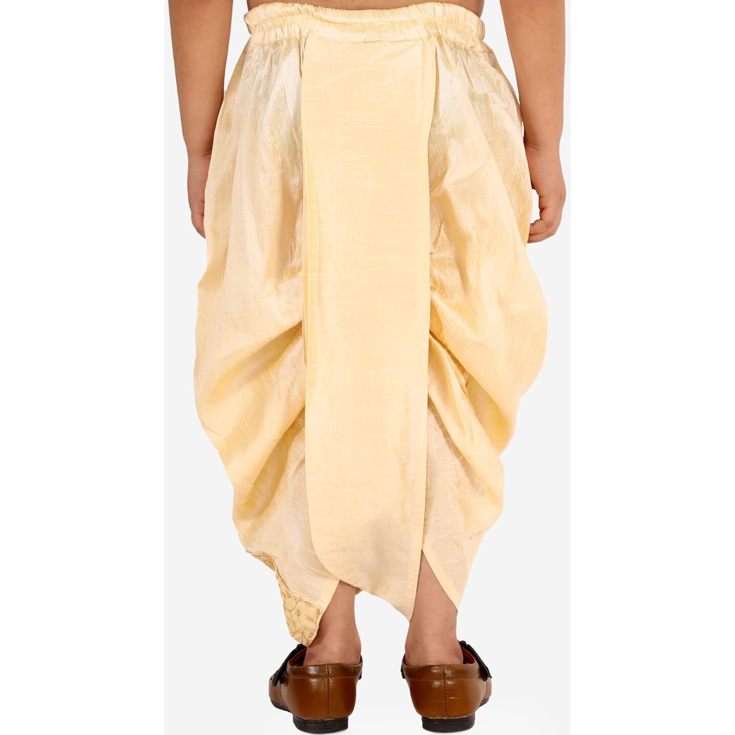 VASTRAMAY Boys' Traditional Golden Dhoti - Ready-to-Wear Embroidered Silk Blend with Elasticated Waistband
