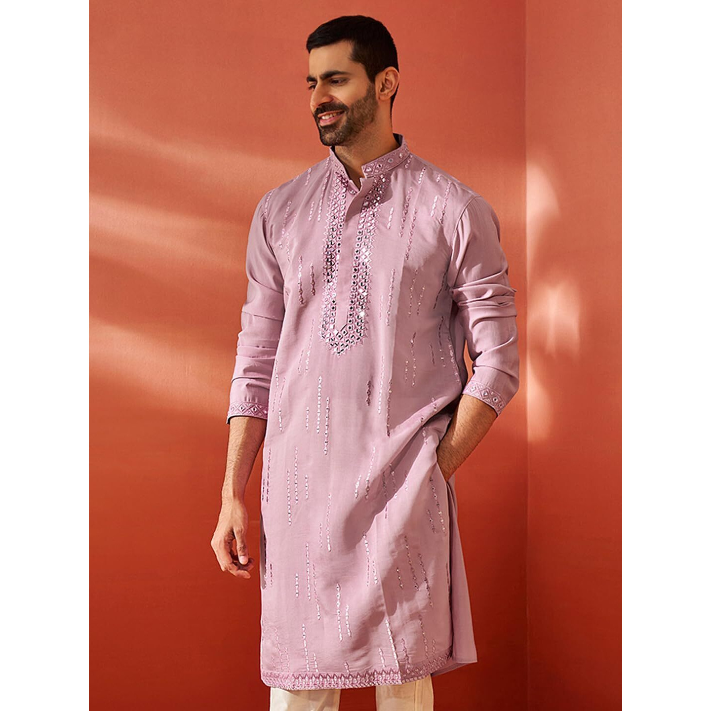 VASTRAMAY Men's Onion Chanderi Kurta, Chanderi Mirror Work Embroidered Sequiend Kurta for Men for Weddings & Festivals, Traditional Indian Wear