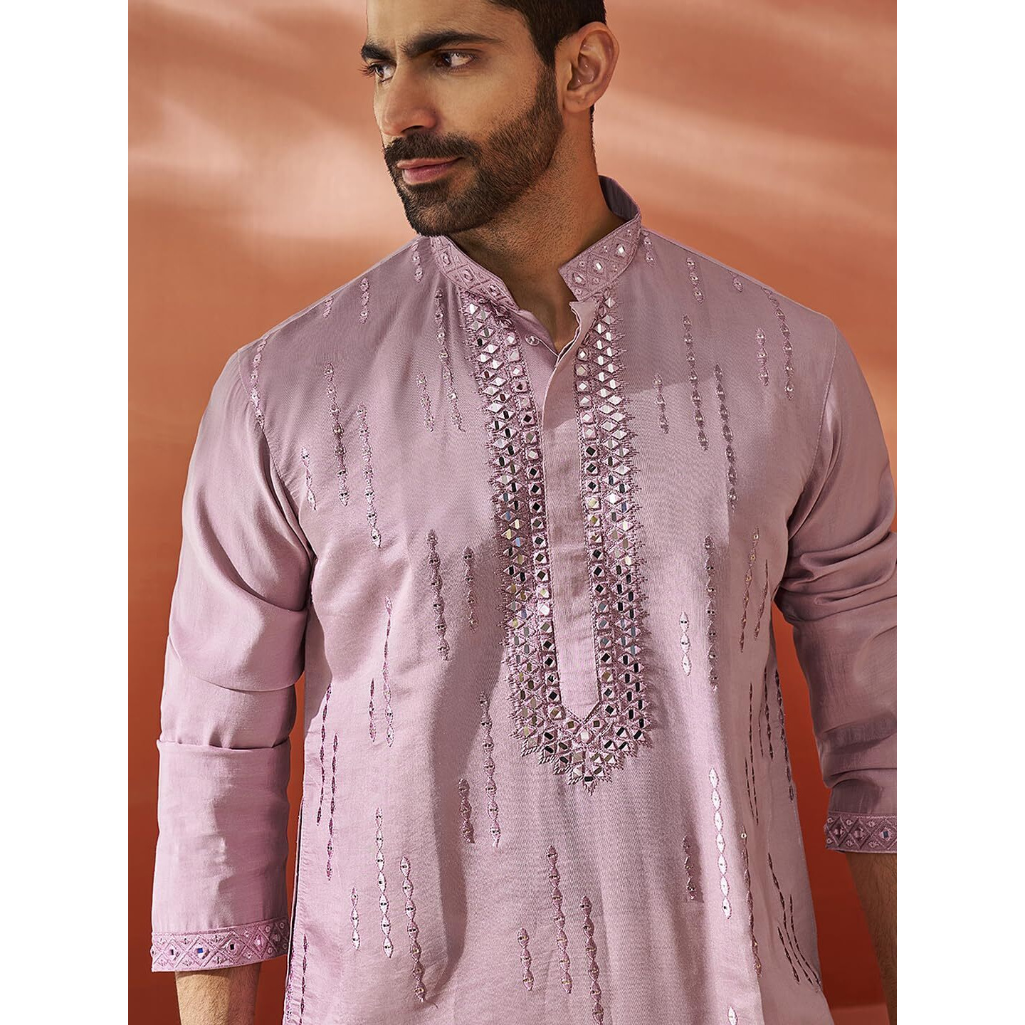 VASTRAMAY Men's Onion Chanderi Kurta, Chanderi Mirror Work Embroidered Sequiend Kurta for Men for Weddings & Festivals, Traditional Indian Wear