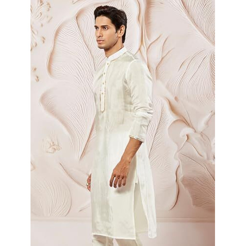 VASTRAMAY Men's White Tissue Silk Kurta Pyjama Set - Perfect for Weddings and Festivals