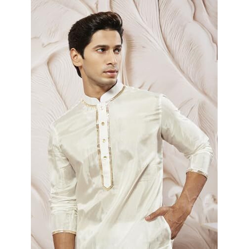 VASTRAMAY Men's White Tissue Silk Kurta Pyjama Set - Perfect for Weddings and Festivals