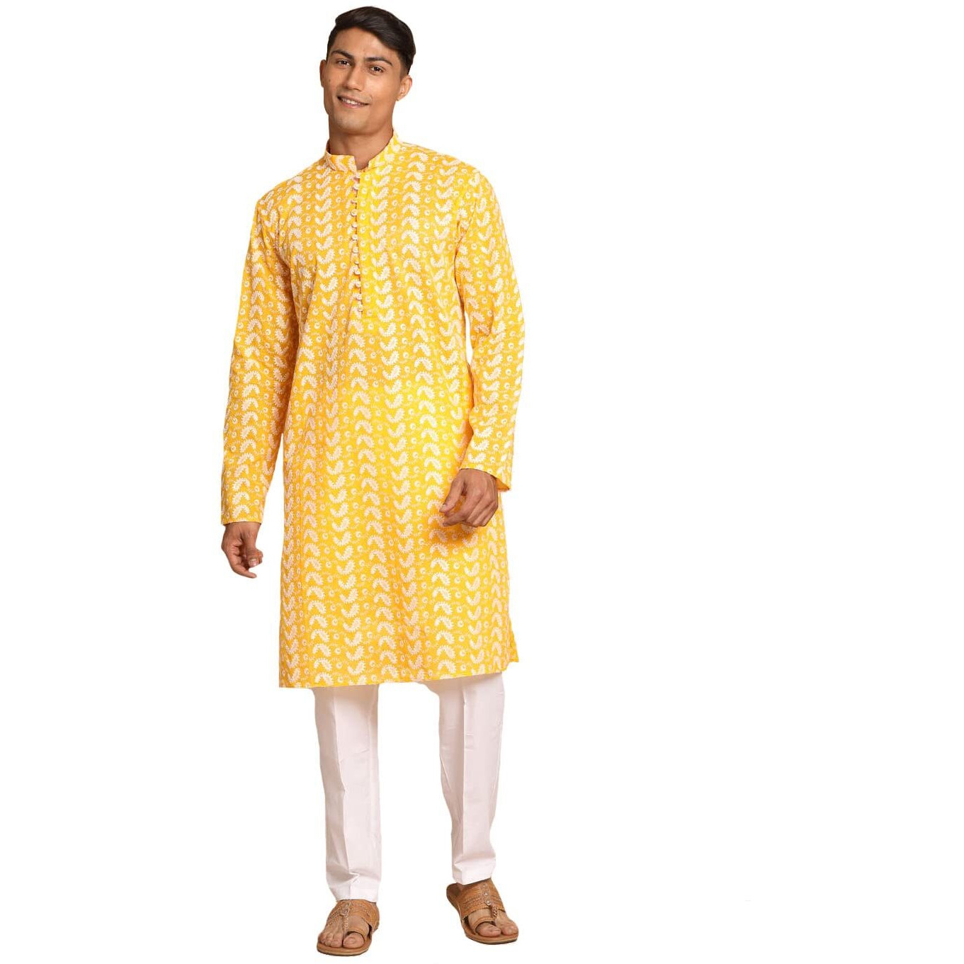 VASTRAMAY Men's Orange And White Pure Cotton Kurta Pyjama Set_VASMK094ORnPANT004WH_42