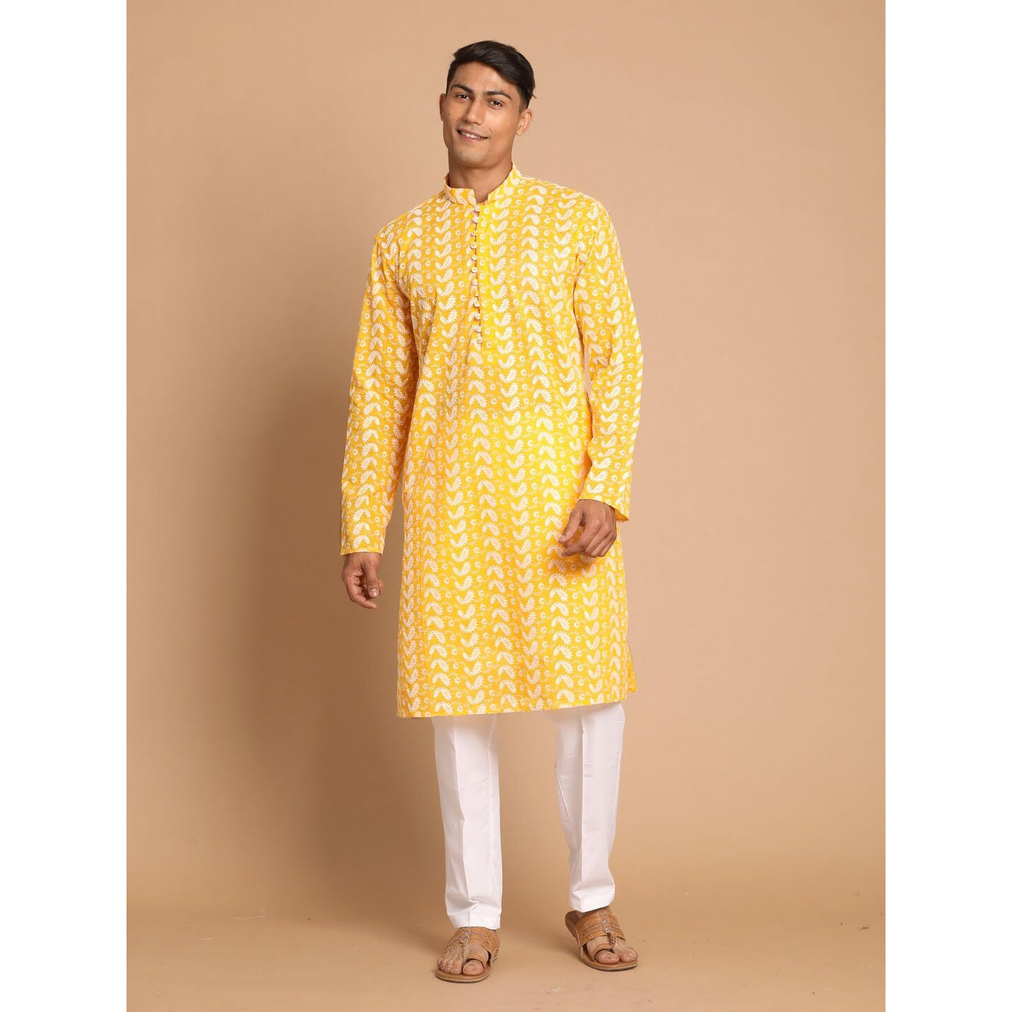 VASTRAMAY Men's Orange And White Pure Cotton Kurta Pyjama Set_VASMK094ORnPANT004WH_42
