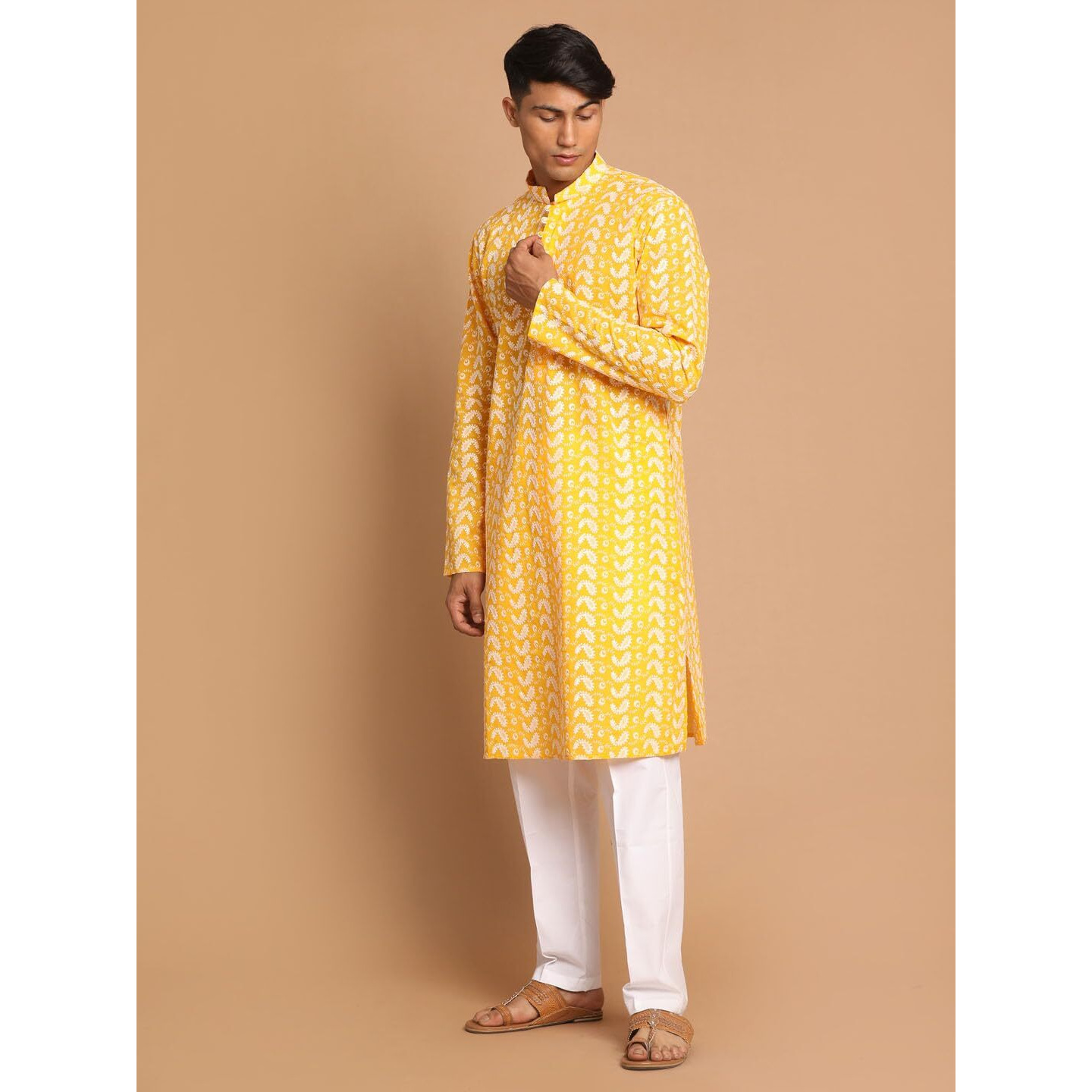 VASTRAMAY Men's Orange And White Pure Cotton Kurta Pyjama Set_VASMK094ORnPANT004WH_42