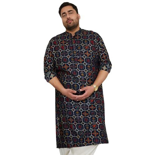 VASTRAMAY Mens Gold Foil Printed Patola Design Kurta  Full Sleeves, Mandarin Neckline, Knee-Length Ethnic Wear