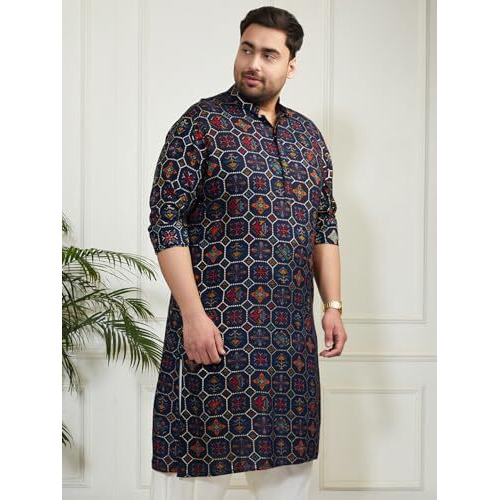 VASTRAMAY Mens Gold Foil Printed Patola Design Kurta  Full Sleeves, Mandarin Neckline, Knee-Length Ethnic Wear