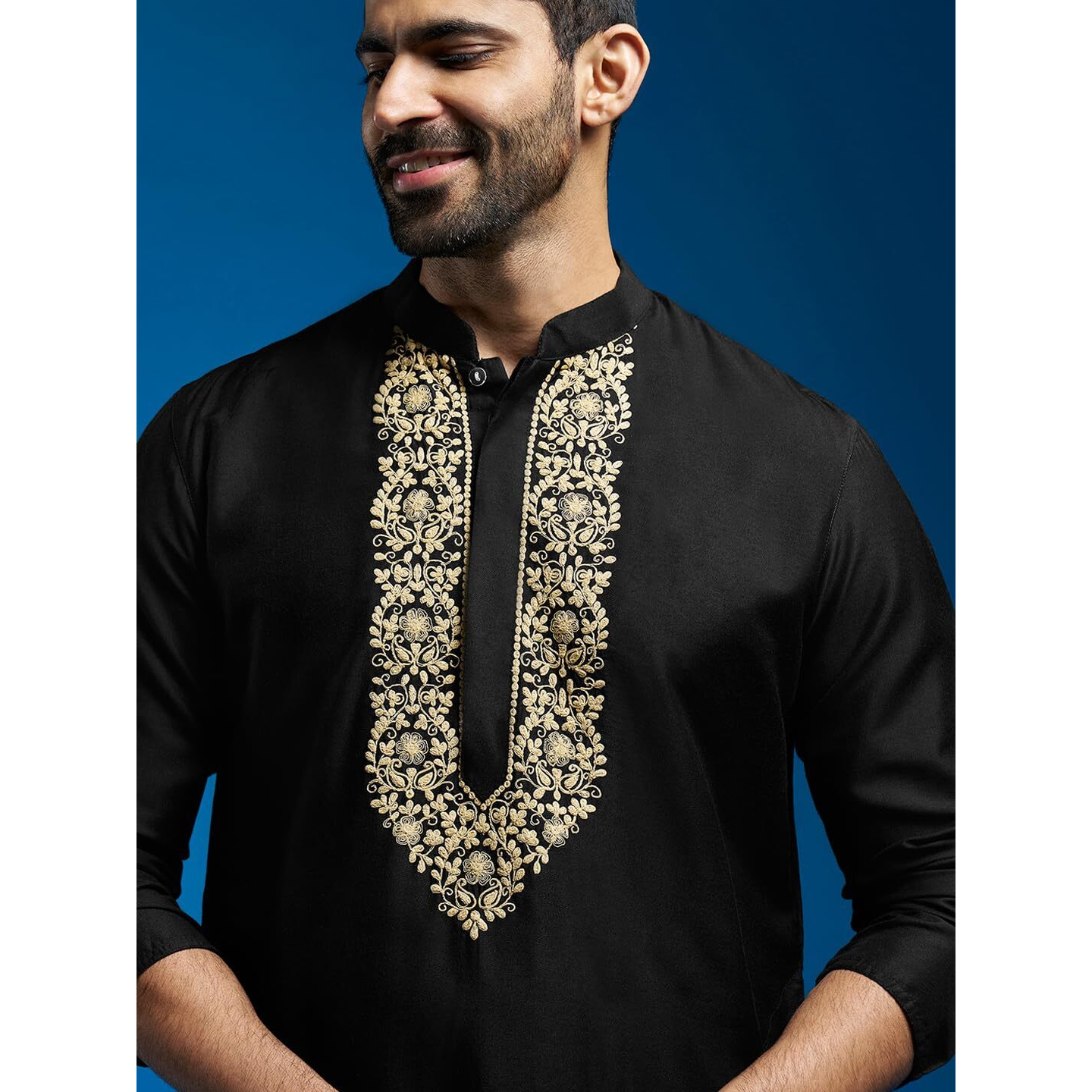VASTRAMAY Men's Black Viscose Kurta | Viscose Embroidered Kurta for Men